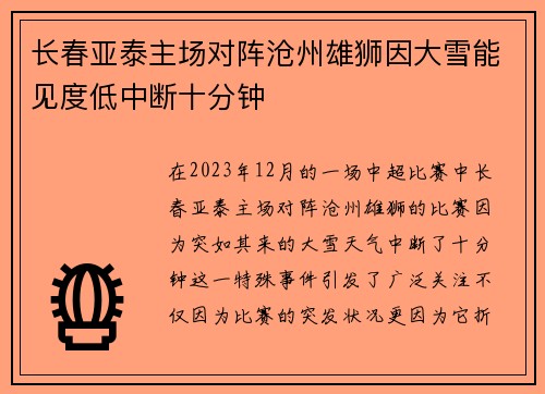 长春亚泰主场对阵沧州雄狮因大雪能见度低中断十分钟 长春亚泰主场对阵沧州雄狮因大雪能见度低中断十分钟