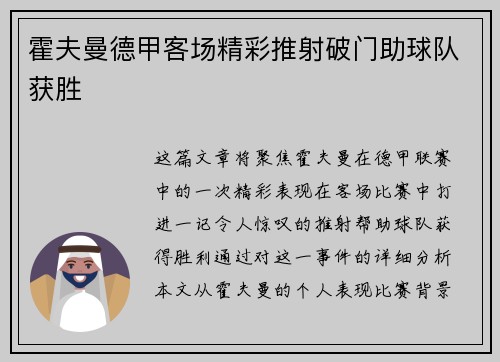 霍夫曼德甲客场精彩推射破门助球队获胜 霍夫曼德甲客场精彩推射破门助球队获胜
